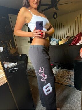 Gray Graphic Sweatpants with Pink Accent